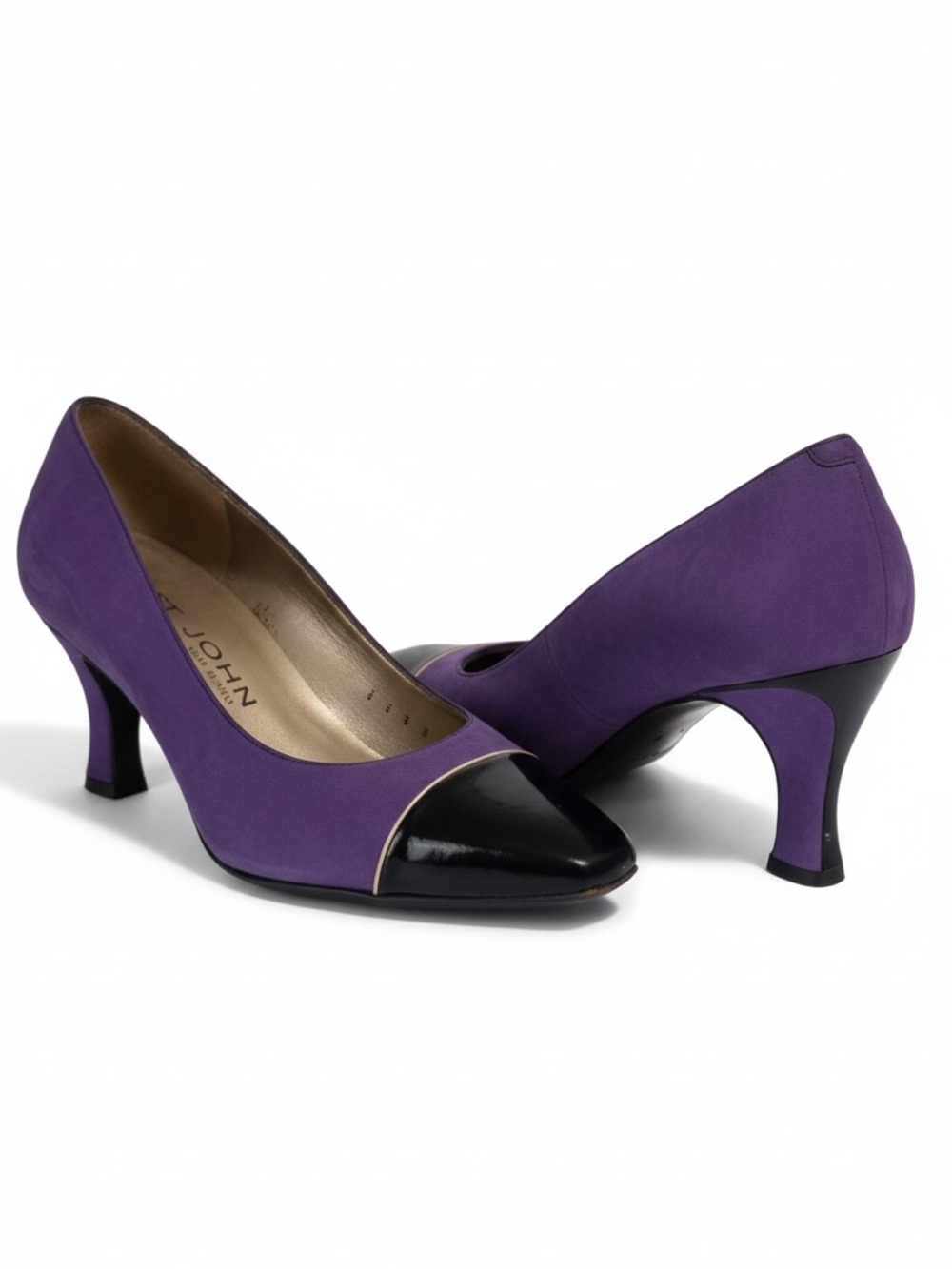 St. John Vintage 90s Leather Suede 8 Patent Cap Toe Colorblock Purple Black Pump